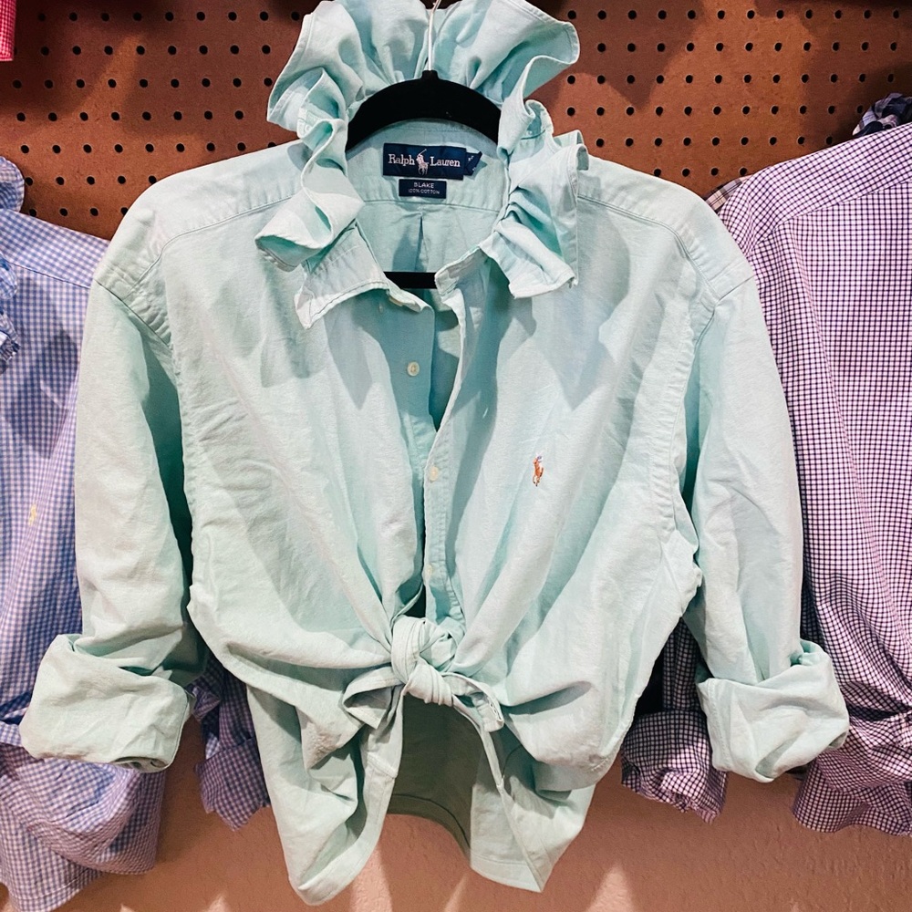 Ralph Lauren Mint Green Ruffle Collar Button-Front Blouse